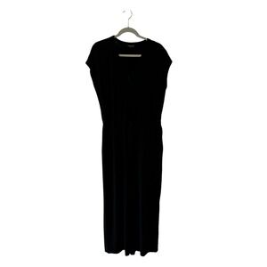 Eileen Fisher Black Cap Sleeve Midi‎ Dress Drawstring Waist V Neck Size M